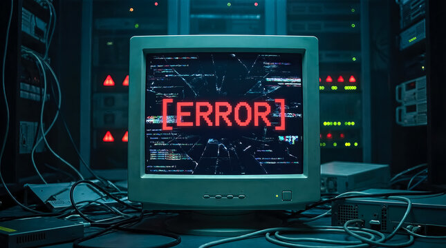 Old crt monitor displaying a red system error message in a dark server room with cables and hardware
