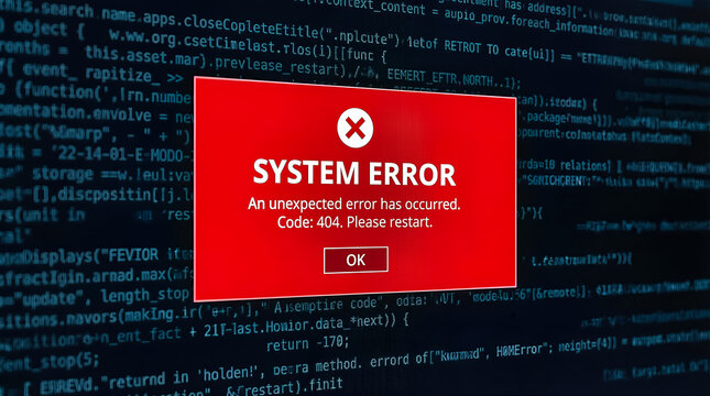 System error message box with code 404 on a digital screen with computer programming code background