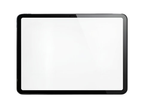 Modern black tablet with blank white screen, isolated digital device mockup in horizontal orientation on transparent background PNG