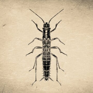 Black and white macro top-down view of an insect, possibly a stonefly larva, on aged paper