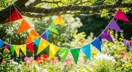 Fototapeta premium Vibrant rainbow bunting strung on a tree branch, set against a blurred garden backdrop