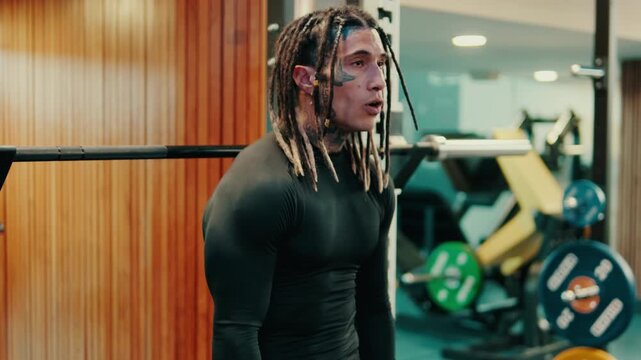 Muscular Man Doing Dips in the Gym