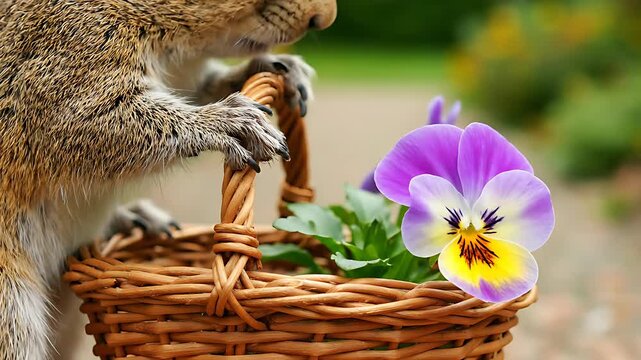 Cute squirrel with fluffy fur delicately reaching into a small woven wicker basket containing a vibrant purple and yellow pansy flower blossom outdoors.