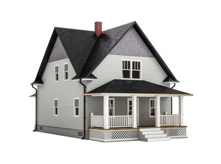 Classic American two-story house with light grey siding, dark shingle roof, and inviting front porch, isolated 3D render on transparent background © Aoife