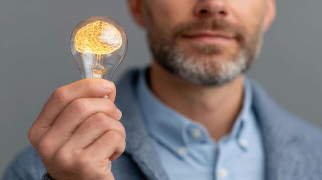 Illumination of Thought: A close-up view of a man's face, partially visible, holding a lightbulb with a glowing brain inside, symbolizing idea generation, intelligence, and innovative thinking.