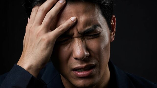 Expression of Distress: An individual with Asian descent, captured from the chest up, conveys a sense of intense pain or worry, emphasizing the weight of the moment
