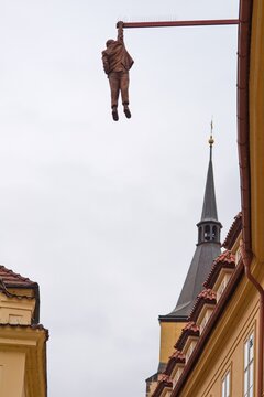 Hanging Out sculpture of Sigmund Freud by David Cerny in Prague old town