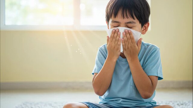 Child with Allergies: A young boy sits indoors, tenderly using a tissue to combat a bout of allergies, a common struggle in the daily life of many. 