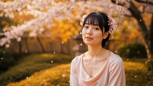 Asian Beauty Under Sakura: An elegant Asian woman, adorned with delicate floral accents in her hair, is framed by the ethereal beauty of a cherry blossom landscape.