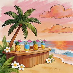 Obraz premium Tropical Sunset Beach Bar: Pineapple Cocktails & Floral Paradise