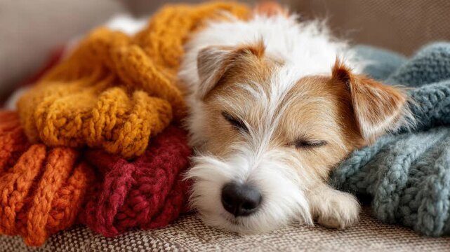 Cozy Comfort: A Jack Russell terrier sleeps soundly, nestled among warm, colorful knitwear, embodying the essence of relaxation and warmth.