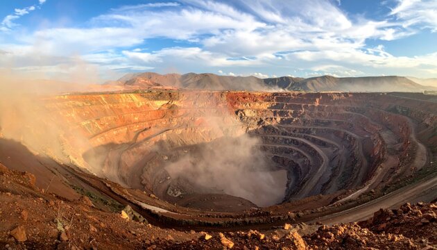A vast open pit mine with concentric terraces and billowing dust under a cloudy sky