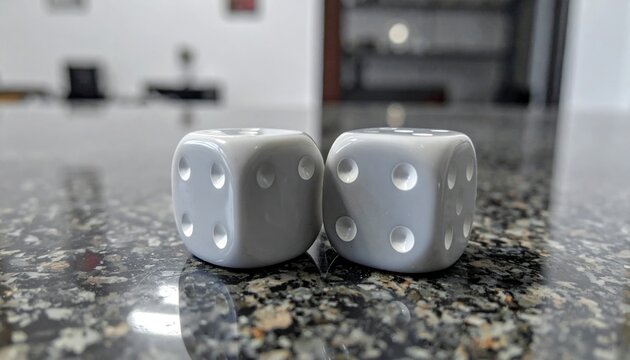 A meticulously presented pair of precisely balanced and weighted white dice, featuring crisp bright pips on a speckled countertop.
