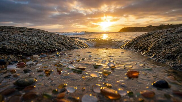 Sunset Reflections: Glimmering sea glass and tide pool at twilight, reflecting the colors of a dramatic sunset, evoking a sense of tranquility.