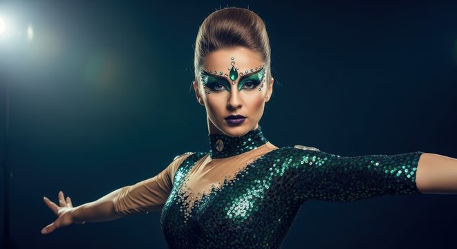 Emerald diva, woman in green sequin costume and theatrical makeup, charisma mood