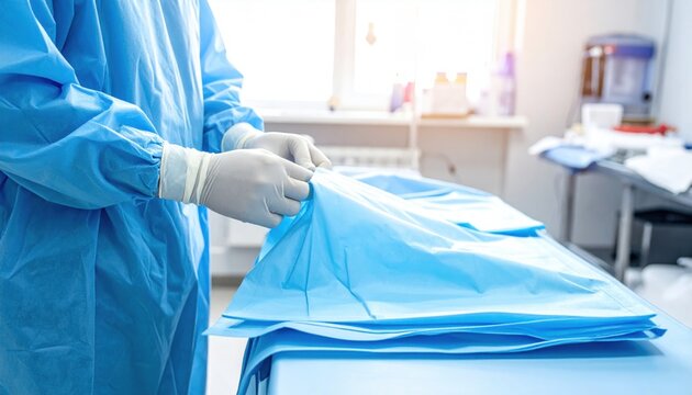 Hands of a medical professional carefully preparing a sterile surgical drape on a table in a brightly lit operating room or medical preparation area, emphasizing precision and hygiene.