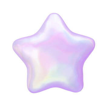Holographic Iridescent 3D Star Shape with Transparent Background, Pearlescent Glossy Purple Icon
