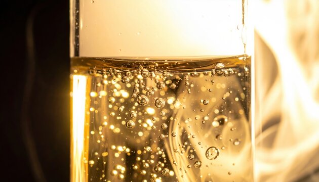 Luminous hydrogen gas bubbles rapidly rising through a clear, warm golden liquid within a laboratory vessel, illustrating a fascinating and essential scientific process.