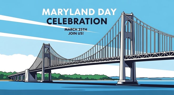 Vector illustration of Chesapeake Bay Bridge, bold headline &ldquo;Maryland Day Celebration&rdquo;