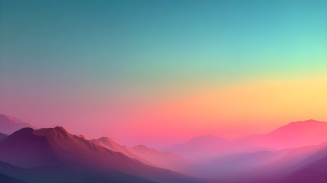 Vibrant and colorful mountain landscape at sunset with a gradient sky of teal, yellow, pink, and purple hues, creating a serene and ethereal atmosphere.