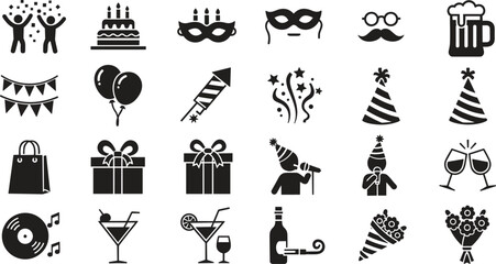 Party Icons for Celebration, Birthday, Anniversary, Event, Holiday, Nightclub, Festive Elements, Champagne, Gifts, Cake, Music, Balloons, Drinks, Fun, Nightlife.