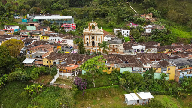 San Sebastian de Palmitas, Antioquia - Colombia. February 15, 2026. Panoramic drone view of a corregimiento located 22.2 km from Medellin.