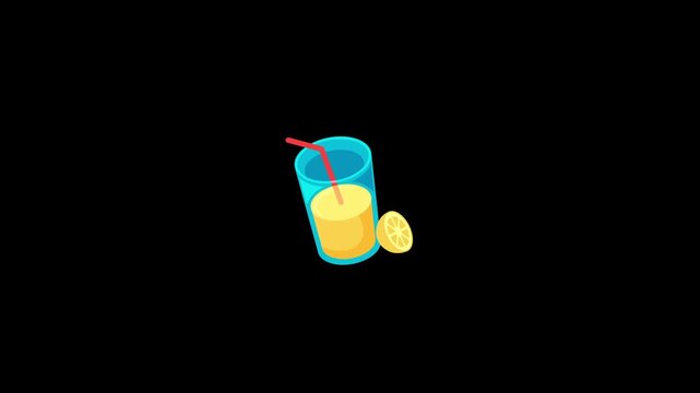 Refreshing yellow juice in an animated isometric glass with a red straw and a fresh lemon slice.