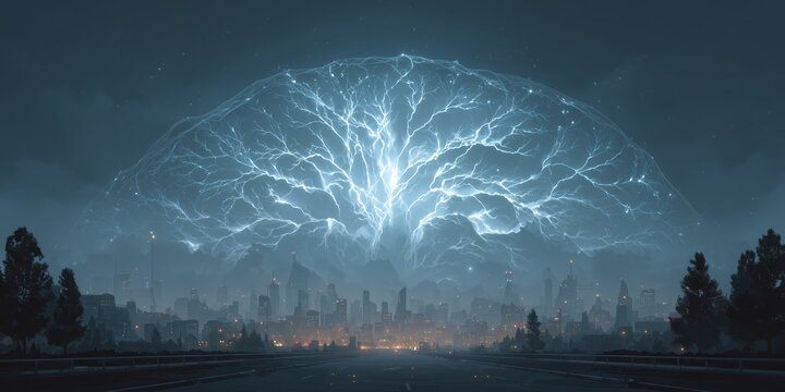 Glowing digital brain above city skyline, symbolizing artificial intelligence, big data and future smart cities at night