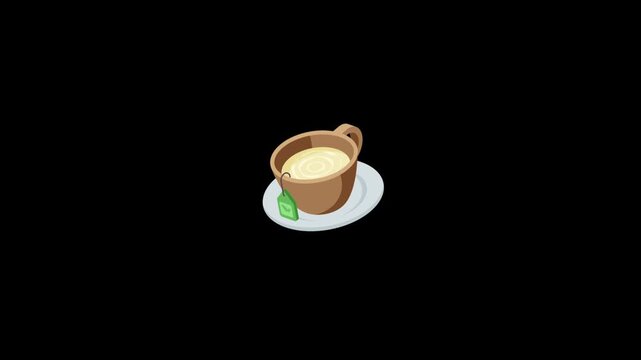 An isometric cartoon style brown mug of warm tea with a green teabag on a simple white saucer.