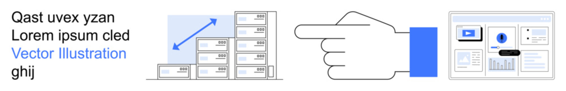 Technology processes, data management, user interface, workflow, decision-making, analytics. Digital screen layouts with a pointing hand and connected steps. Technology processes and data management