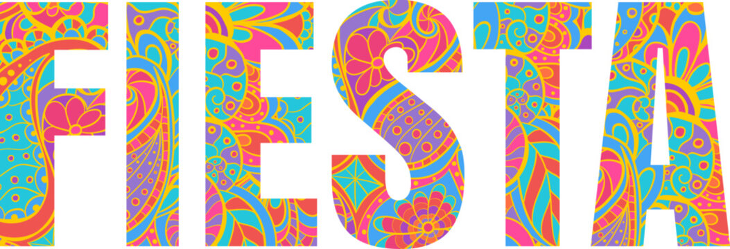 Spanish Word Fiesta in Bold Doodle Typography with Colorful Pattern