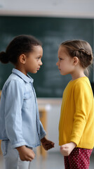 Obraz premium Angry teenagers shouting at each other face to face expressing conflict and intense emotions.