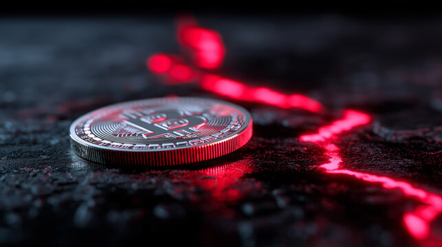 Bitcoin cryptocurrency coin on cracked ground with glowing lava symbolizing volatility and digital finance risk.