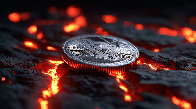 Bitcoin cryptocurrency coin on cracked ground with glowing lava symbolizing volatility and digital finance risk.