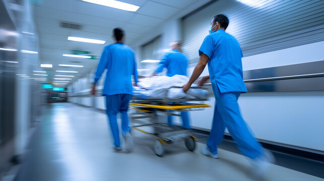 Medical team rushing patient on stretcher through hospital corridor with motion blur.
