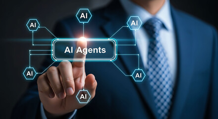 Obraz premium Businessman touching AI Agents button on virtual interface with neural network
