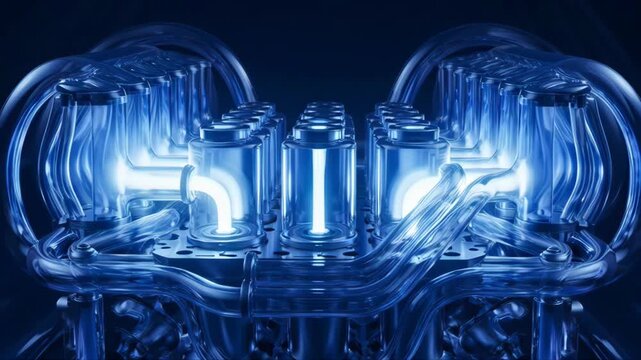Close-up of a complex industrial machine engine with glowing blue light tubes and transparent glass pipes under studio lighting