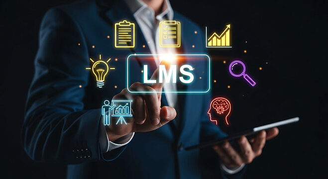 Businessman using LMS Learning Management System for digital education and training