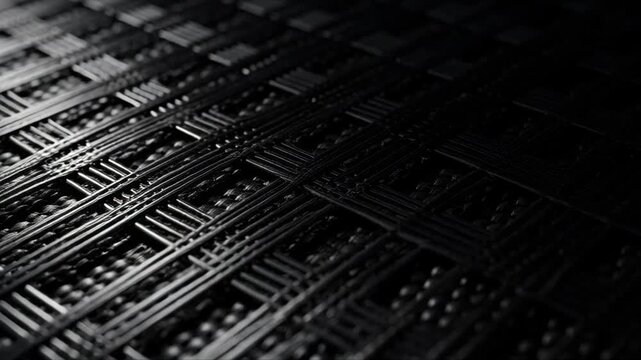 Extreme close-up of a dark woven geometric lattice texture under sweeping dynamic illumination
