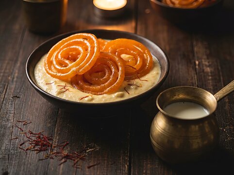 A close-up shot of Jalebi, a popular Indian sweet, served with Rabri, a creamy dessert, and saffron strands, on a wooden table.