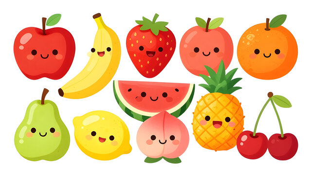 cute fruit characters set, 10 smiling fruits including apple, banana, strawberry, orange, watermelon, pineapple, pear, lemon, peach and cherry, kawaii cartoon style, isolated on white background, vect