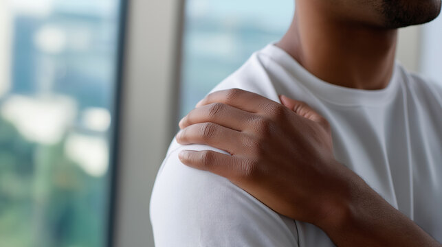 Man touching shoulder in pain highlighting muscle strain, injury and healthcare concept