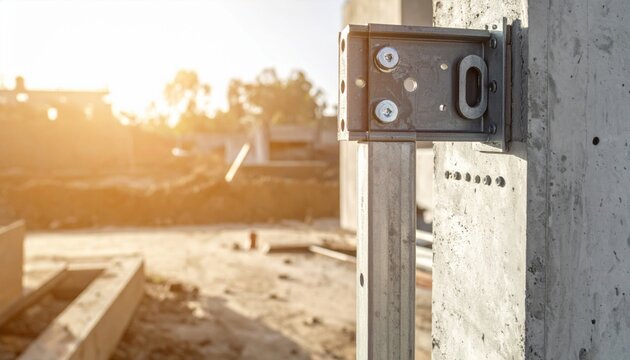 Close-up of a robust reinforced steel door frame component being securely installed into a concrete structure at a sunny construction site.
