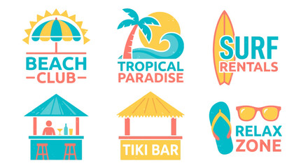 Fototapeta premium Set of Colorful Beach and Tropical Paradise Logos and Emblems. Vector Illustrations. EPS Editable