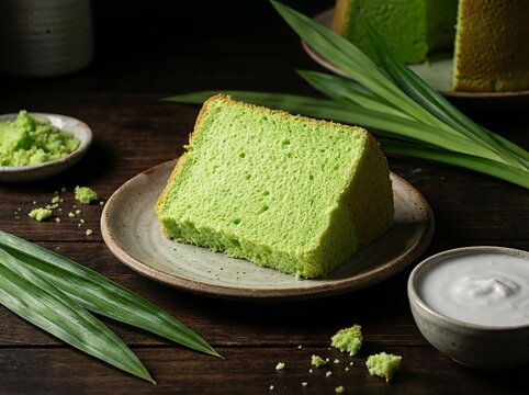 A close-up shot of a slice of pandan chiffon cake on a plate, with pandan leaves and other ingredients around it.