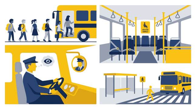 School Bus Safety and Transportation System with Driver Students and Bus Stop. Vector Illustrations. EPS Editable