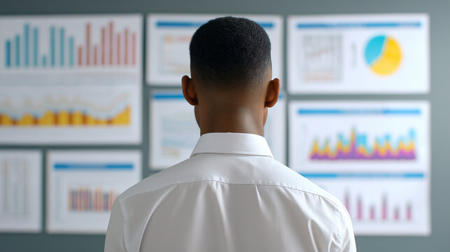 Business professional analyzing data charts on screens representing analytics, strategy and corporate decision making
