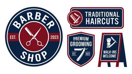Obraz premium Barber Shop Emblems and Signs Set for Traditional Haircuts and Premium Grooming Services. Vector Illustrations. EPS Editable