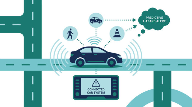 Autonomous Car Intersection Sensors and Roadway Illustration. Vector Illustrations. EPS Editable