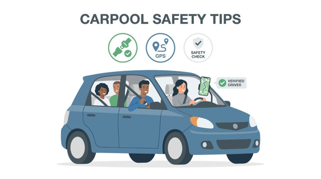 Carpool Safety Tips Sharing Rides for a Secure Commute. Vector Illustrations. EPS Editable
